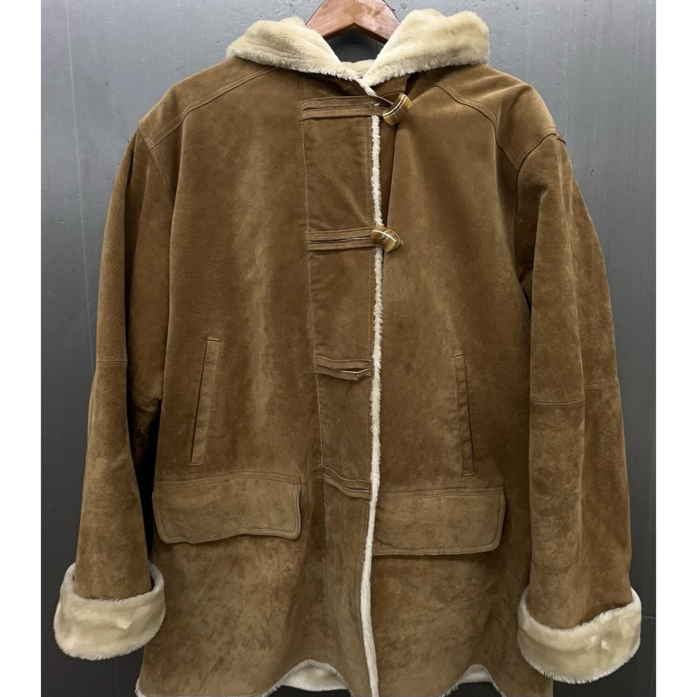 Penny Lane Suede Leather Heavy Coat 1X Zip Toggle Hood 4 Pocket Boho Y2K Retro‎